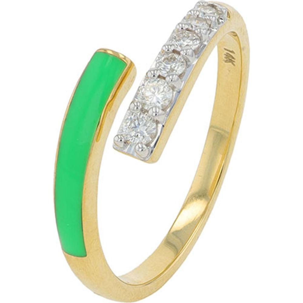 14K Yellow Gold 0.20 Carat Diamond & Green Enamel Bypass Ring