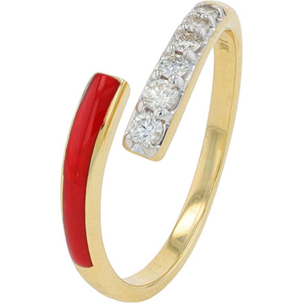 14K Yellow Gold 0.20 Carat Diamond and Red Enamel Bypass Ring