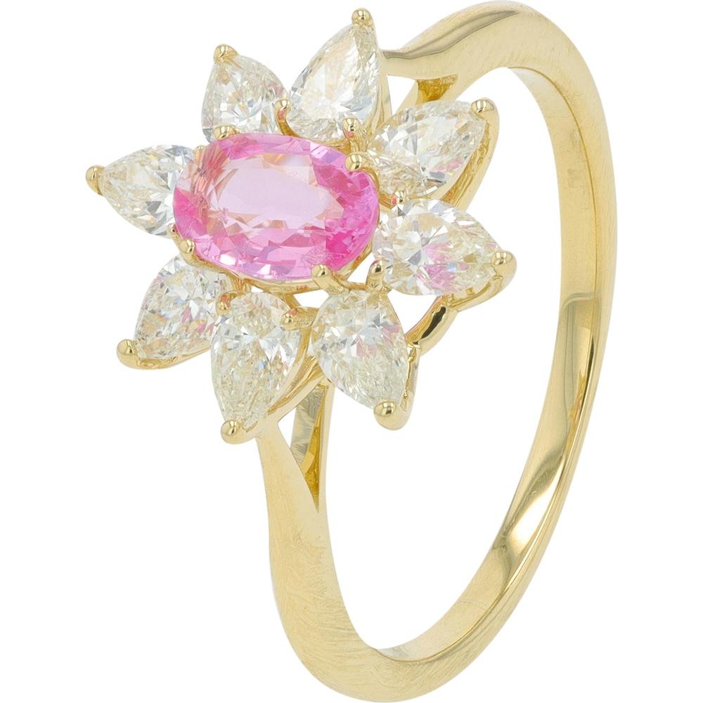 14K Yellow Gold 0.50 Carat Pink Sapphire Flower Ring with 0.90 Carat Total Diamond Weight