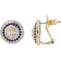 14K Yellow Gold 0.55 Total Carat Diamond & 0.45 Total Carat Sapphire Stud Earrings with Baguette Accents