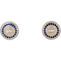14K Yellow Gold 0.55 Total Carat Diamond & 0.45 Total Carat Sapphire Stud Earrings with Baguette Accents