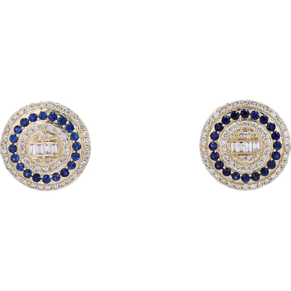 14K Yellow Gold 0.55 Total Carat Diamond & 0.45 Total Carat Sapphire Stud Earrings with Baguette Accents