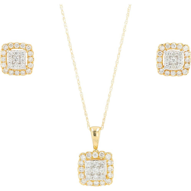 14K Yellow Gold 0.75 Carat Diamond Pendant & Square Cluster Earrings Set - 0.75 Carat Total Diamond Weight