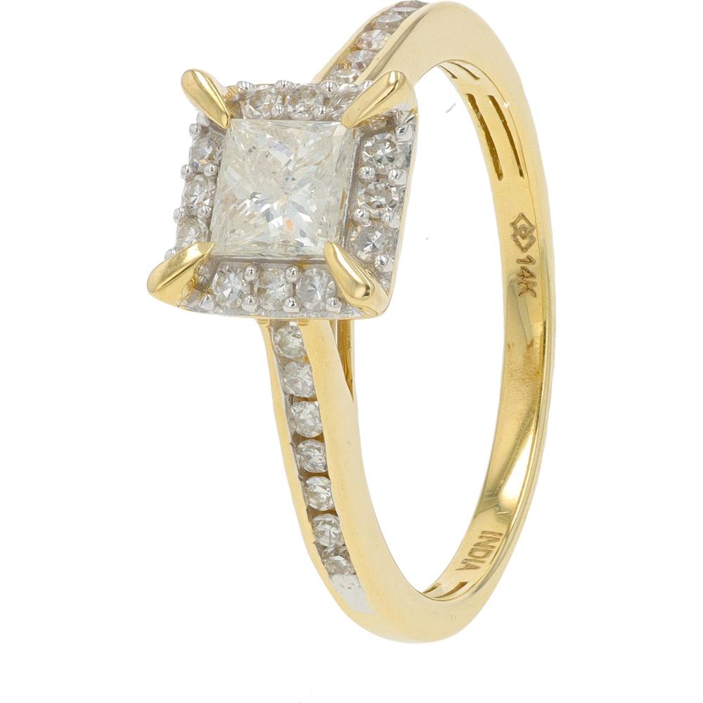 14K Yellow Gold 0.75 Carat Total Weight Diamond Ring with Princess Cut Center and Halo Design