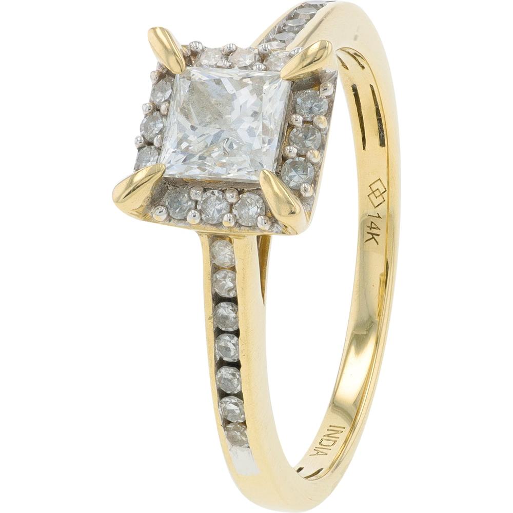 14K Yellow Gold 0.75 Total Carat Weight Princess Cut Diamond Engagement Ring with Halo