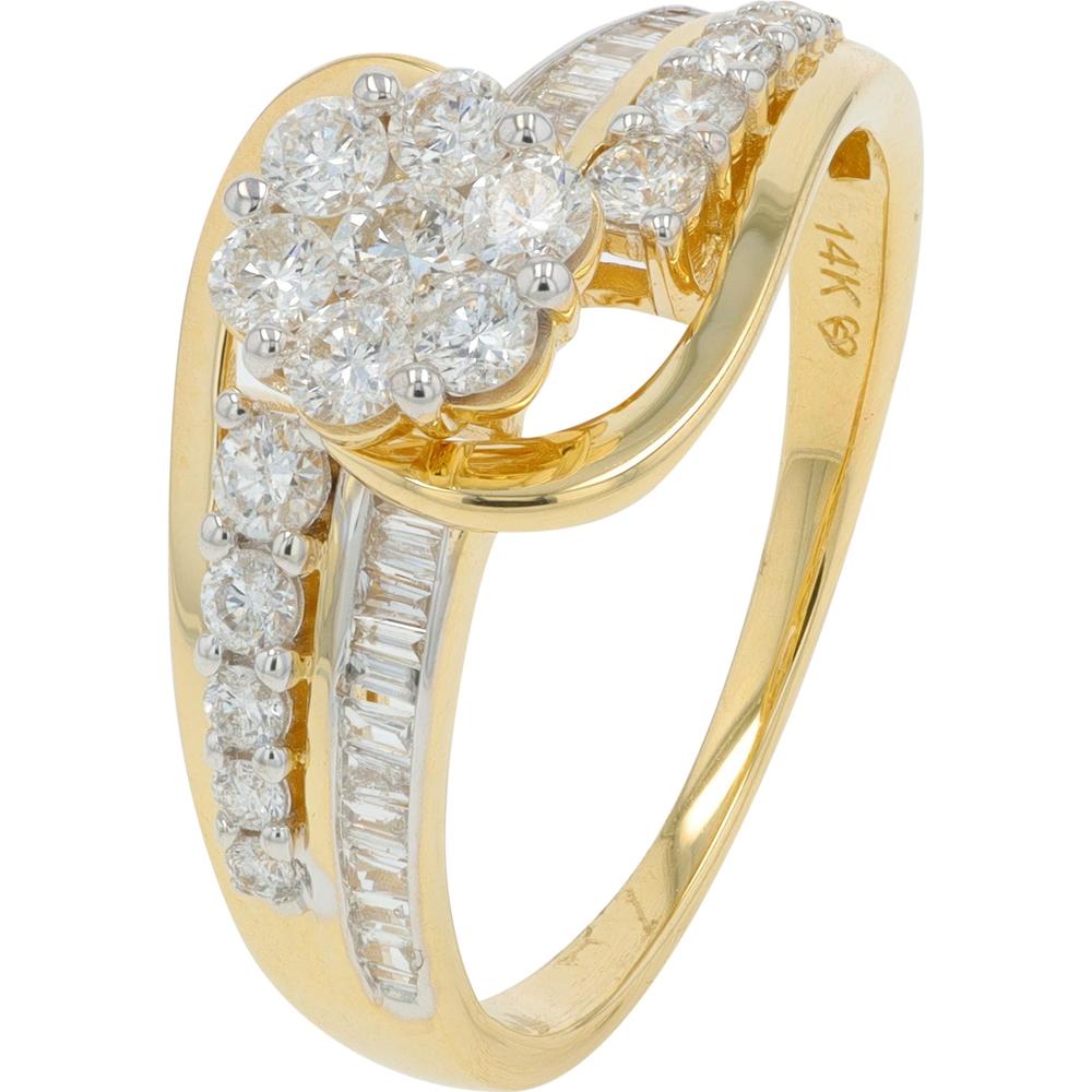14K Yellow Gold 1.00 Carat Total Diamond Engagement Ring with Round and Baguette Diamonds