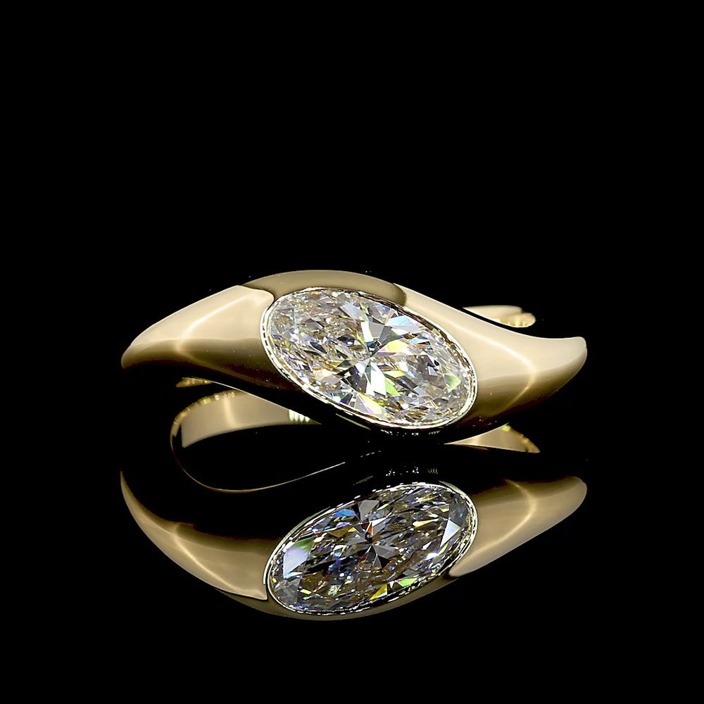 14K Yellow Gold 1.04 Carat Moval Cut Solitaire Ring with Flush Setting and Inclined Orientation - Lab Grown Diamond E Color VVS2 Clarity - Covaloro Fine Jewelry