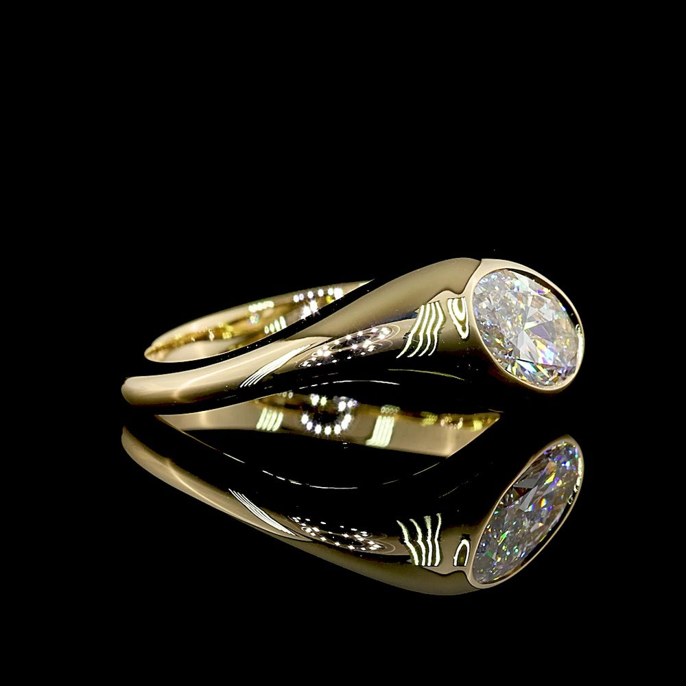 14K Yellow Gold 1.04 Carat Moval Cut Solitaire Ring with Flush Setting and Inclined Orientation - Lab Grown Diamond E Color VVS2 Clarity - Covaloro Fine Jewelry