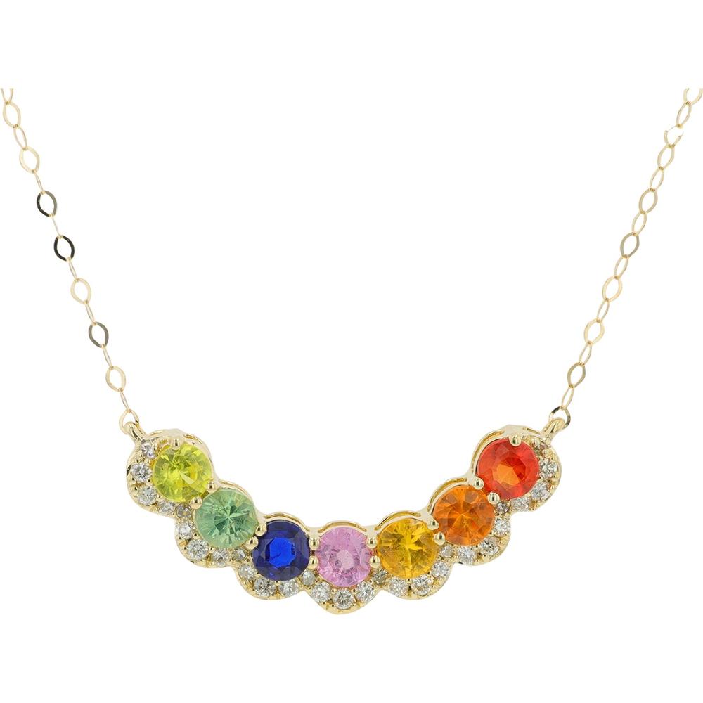 14K Yellow Gold 1.05 Carat Multi Sapphire Pendant with 0.16 Carat Diamond Halo