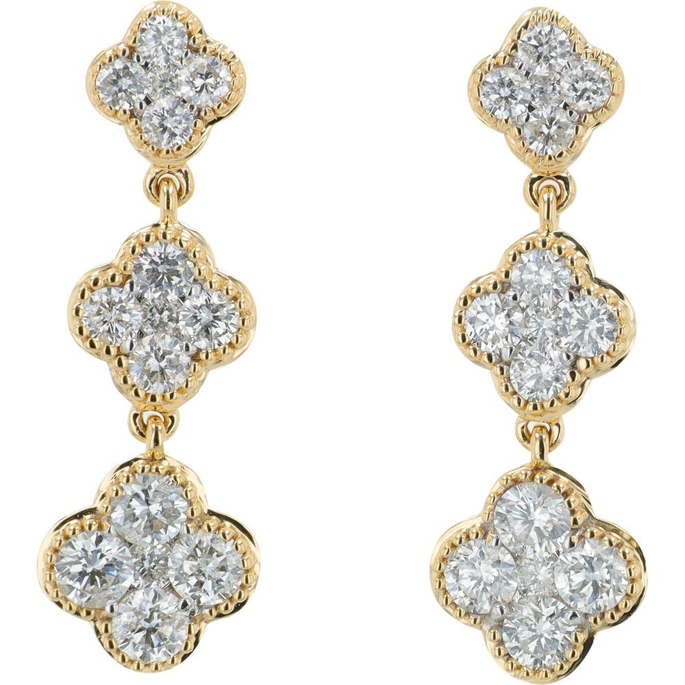 14K Yellow Gold 1.07 Carat Diamond Drop Earrings with Flower Motif