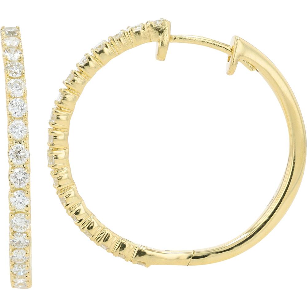 14K Yellow Gold 1.07 Carats Total Diamond Hoop Earrings - Prong Set Round Diamonds