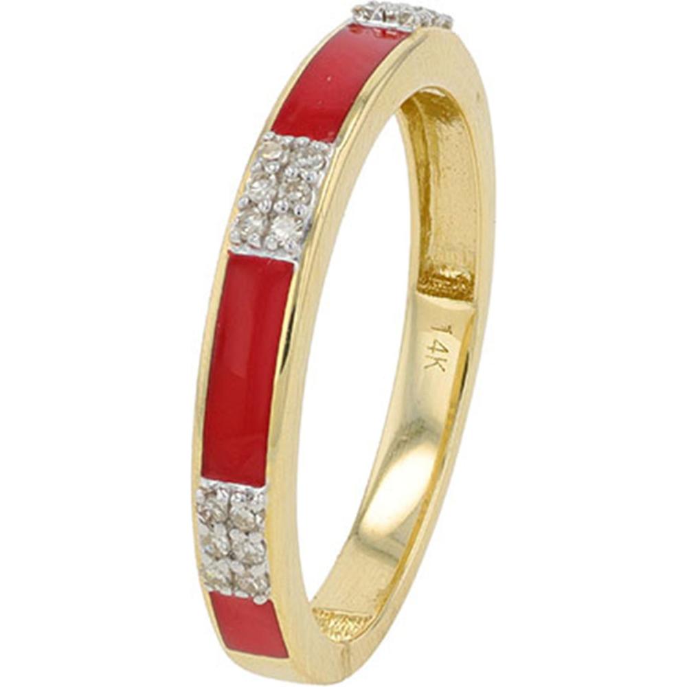14K Yellow Gold 1/10 Carats Diamond Band with Red Enamel Accents