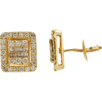 14K Yellow Gold 1.18 Carat Total Weight Diamond Stud Earrings with Round and Baguette Diamonds