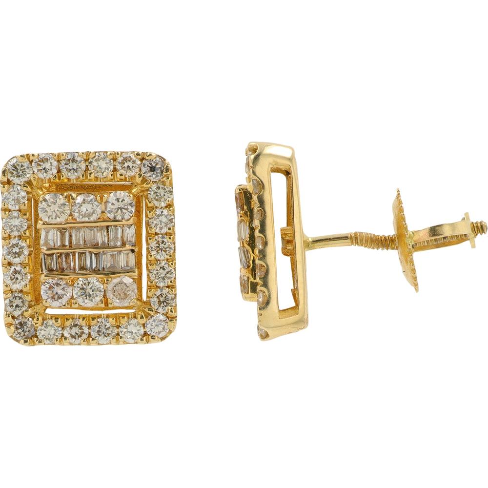 14K Yellow Gold 1.18 Carat Total Weight Diamond Stud Earrings with Round and Baguette Diamonds