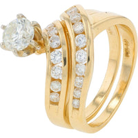 14K Yellow Gold 1.20 Total Carat Weight Diamond Bridal Set with Round Center Diamond and Pave-Set Wedding Band