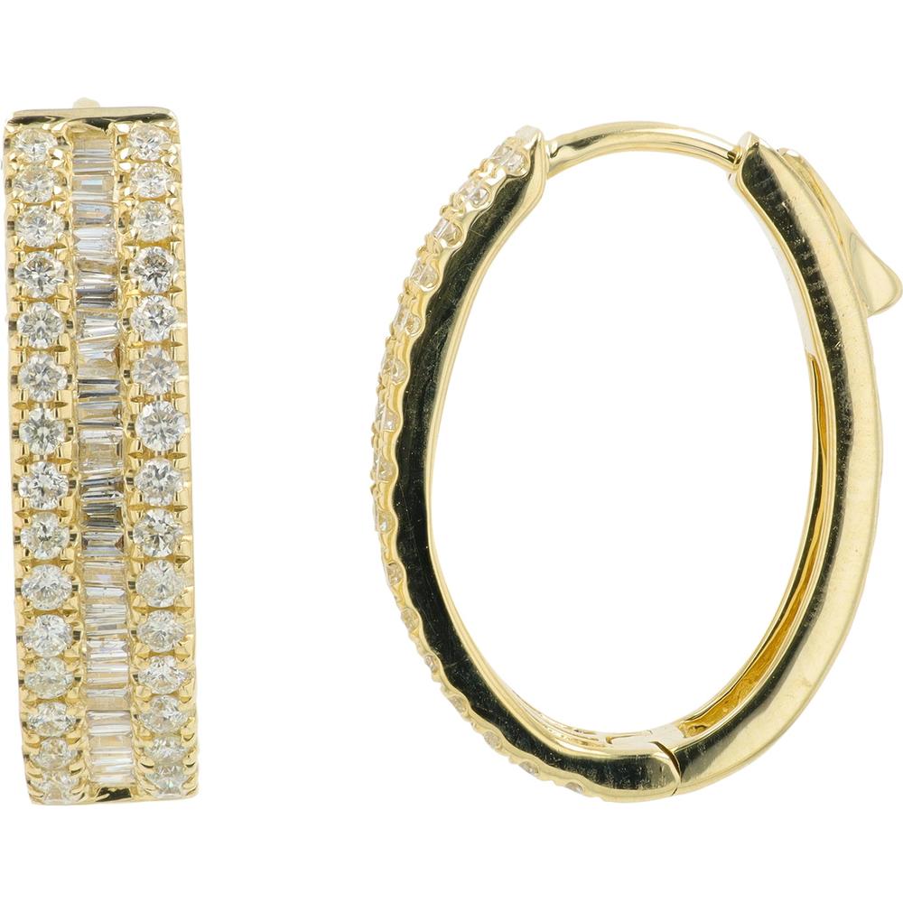 14K Yellow Gold 1.25 Carat Diamond Huggie Hoop Earrings - Baguette and Round Brilliant Diamonds