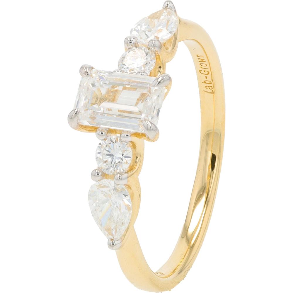 14K Yellow Gold 1.25 Carat Lab Grown Diamond Engagement Ring with Emerald, Round, and Pear-Shaped Diamonds