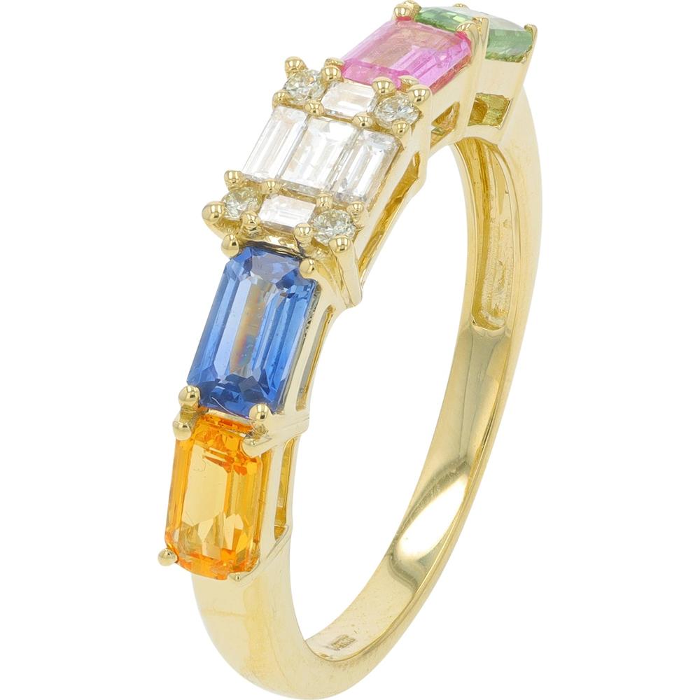 14K Yellow Gold 1.28 Carat Multi Sapphire Ring with Diamond Accents - 0.16 Carat Total Diamond Weight