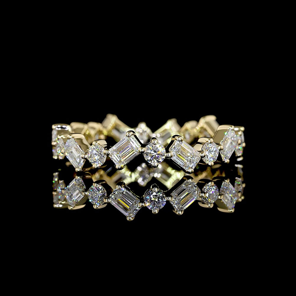 14K Yellow Gold 1.29 Carat Alternating Emerald Cut and Brilliant Cut Lab Diamond Eternity Band with Inclined Prong Setting - Covaloro Fine Jewelry