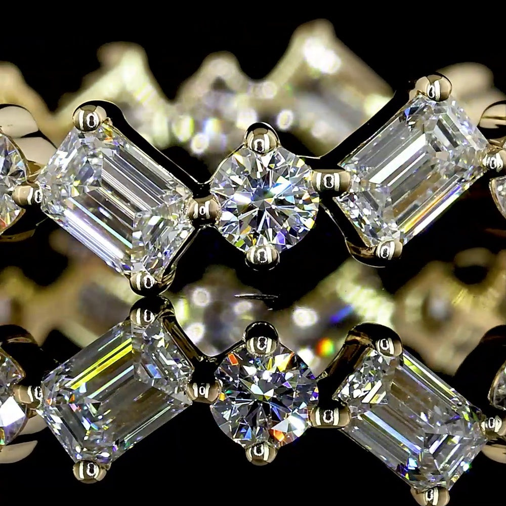 14K Yellow Gold 1.29 Carat Alternating Emerald Cut and Brilliant Cut Lab Diamond Eternity Band with Inclined Prong Setting - Covaloro Fine Jewelry