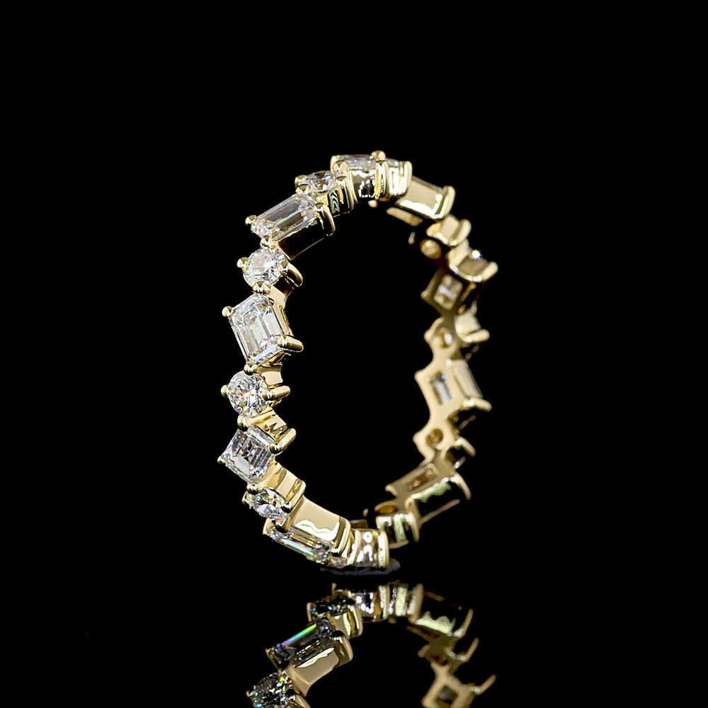 14K Yellow Gold 1.29 Carat Alternating Emerald Cut and Brilliant Cut Lab Diamond Eternity Band with Inclined Prong Setting - Covaloro Fine Jewelry