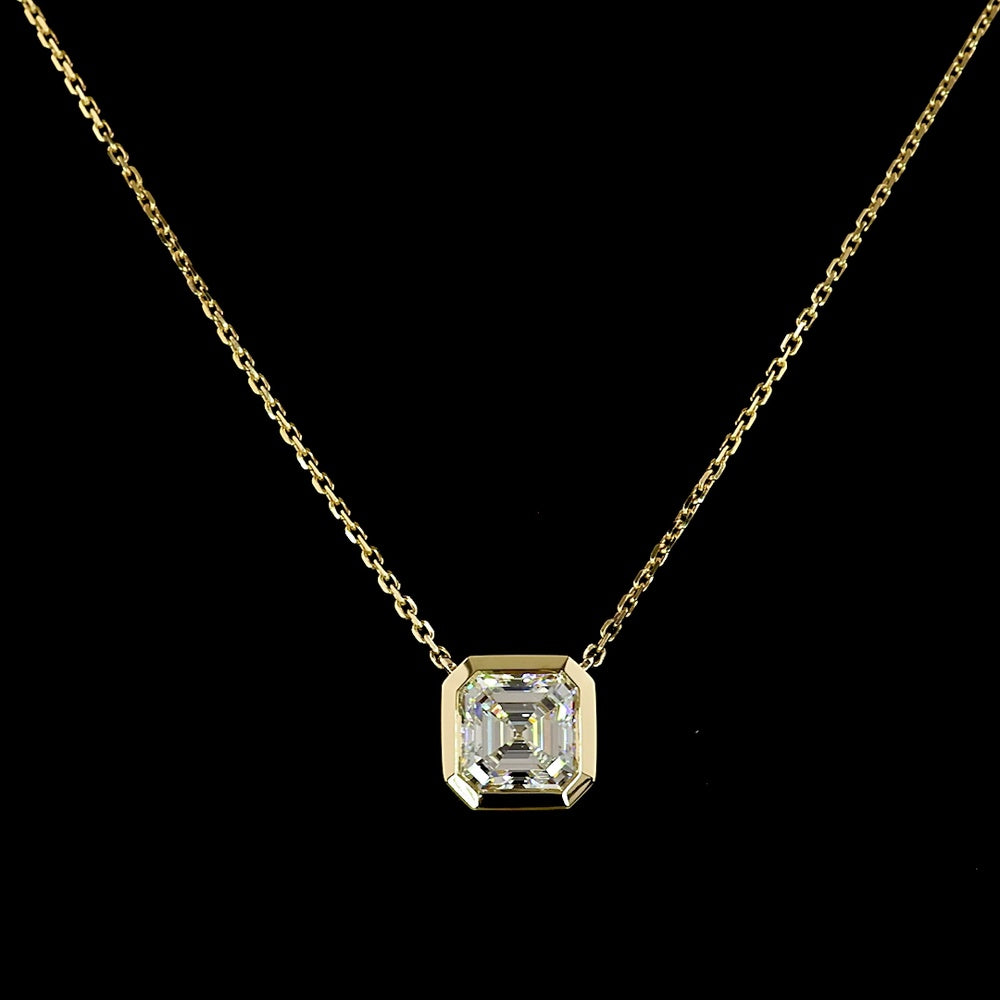14K Yellow Gold 1.5 Carat Asscher Cut Lab Diamond Solitaire Pendant in Bezel Setting - D VS1 IGI Certified - Covaloro Fine Jewelry