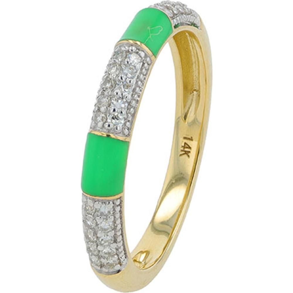 14K Yellow Gold 1/5 Carat Diamond Band with Green Enamel Accents and Milgrain Detail