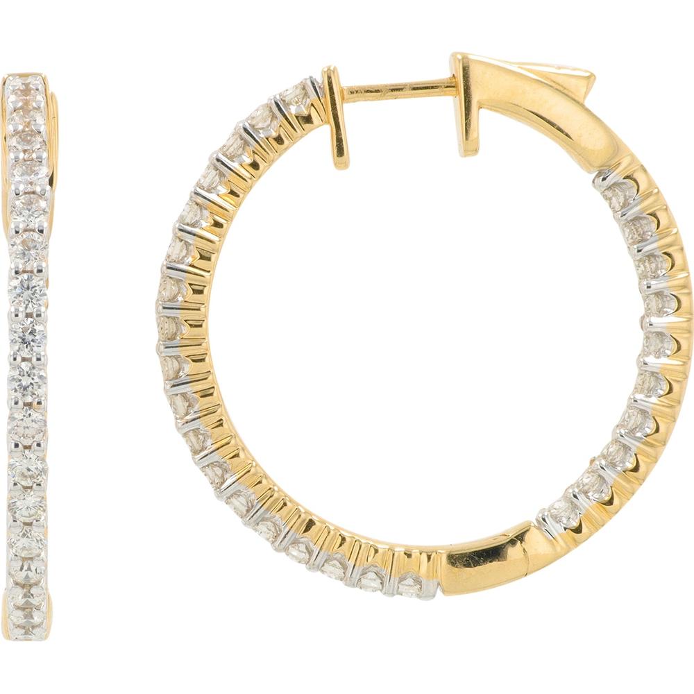 14K Yellow Gold 1.50 Carat Diamond Medium Hoop Earrings - Prong Set Diamonds