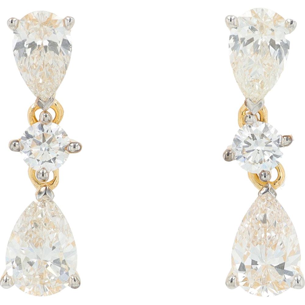 14K Yellow Gold 1.50 Carat Lab Grown Diamond Drop Earrings - 1 Pear - Shaped and 1 Round Diamond Each