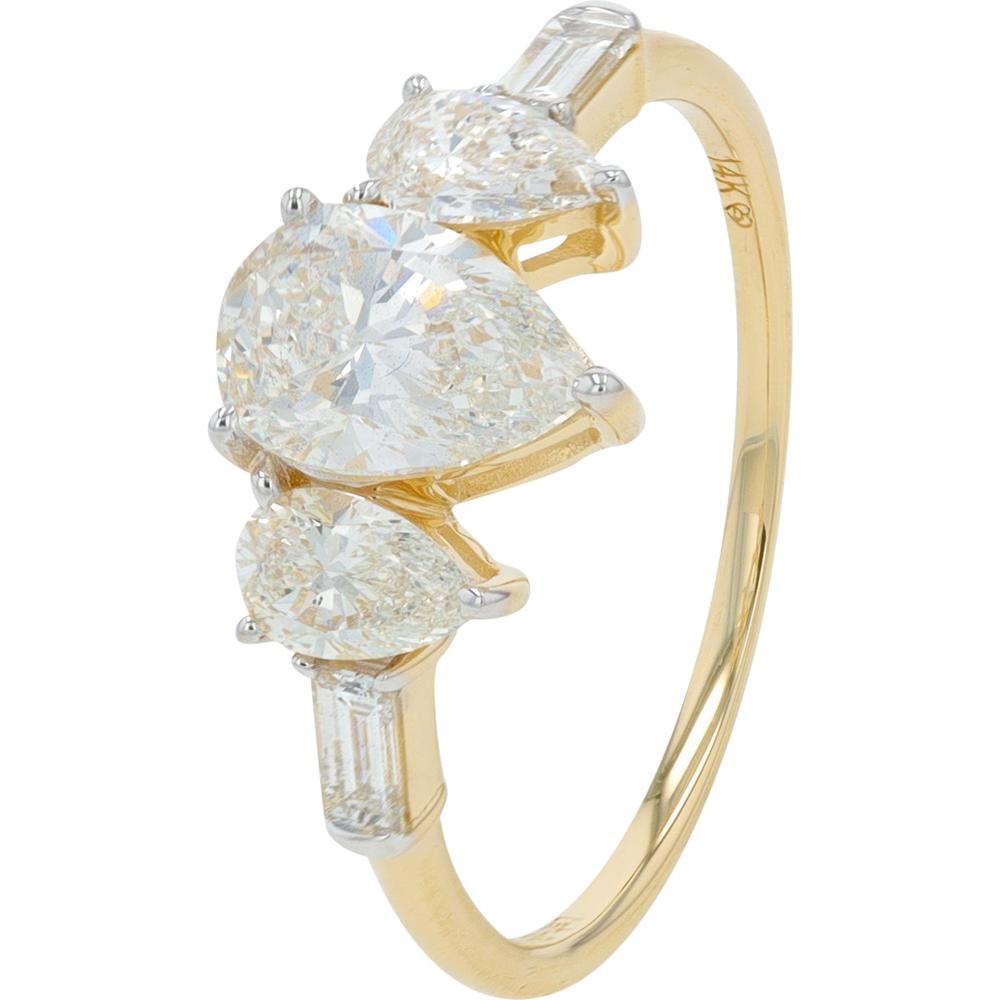 14K Yellow Gold 1.50 Carat Lab Grown Diamond Three Stone Engagement Ring with Pear and Baguette Accents