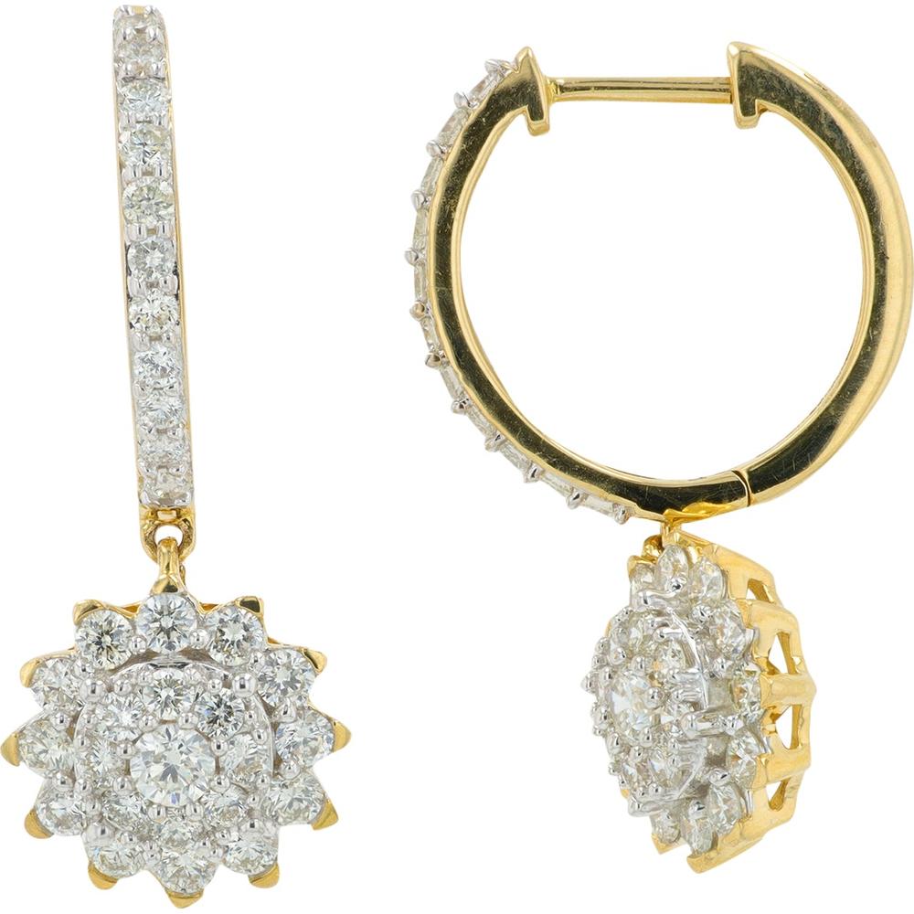 14K Yellow Gold 1.50 Carat Total Diamond Drop Earrings with Prong - Set Cluster Design