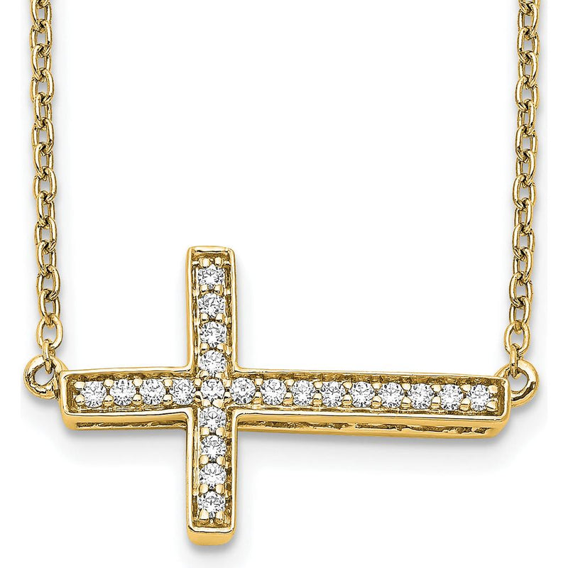 14K Yellow Gold 1/6 Carat Diamond Sideways Cross Necklace - 18" Cable Chain by Monteluci Fine Jewelry