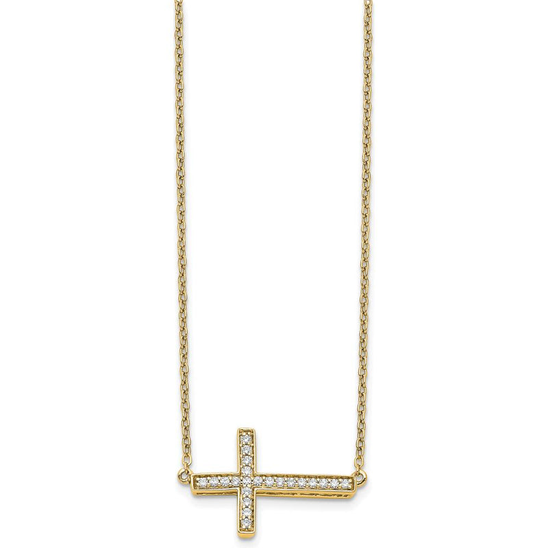 14K Yellow Gold 1/6 Carat Diamond Sideways Cross Necklace - 18" Cable Chain by Monteluci Fine Jewelry