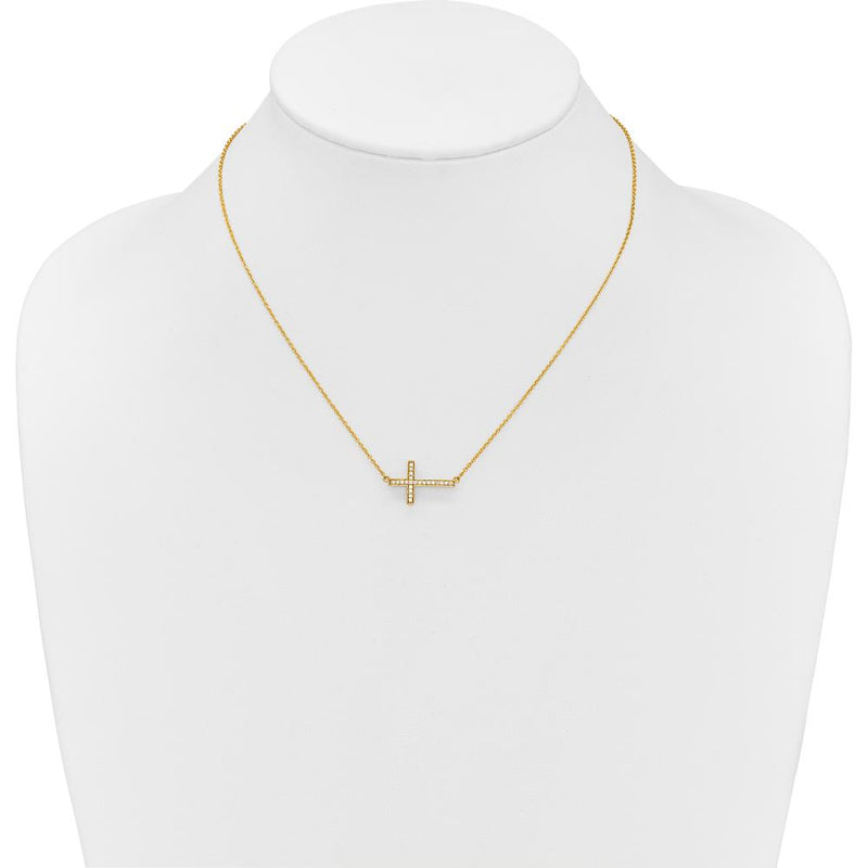14K Yellow Gold 1/6 Carat Diamond Sideways Cross Necklace - 18" Cable Chain by Monteluci Fine Jewelry