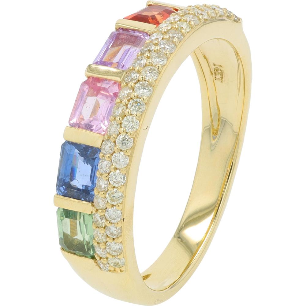 14K Yellow Gold 1.60 Carat Multi Sapphire Ring with 0.31 Carat Diamond Accents