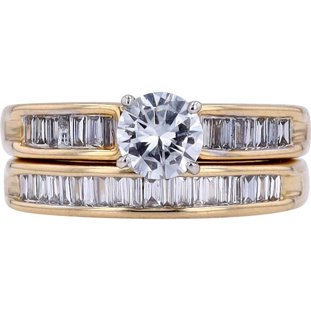 14K Yellow Gold 1.65 Carats Total Diamond Bridal Set with 0.61 Carats Center Round Brilliant Cut Diamond
