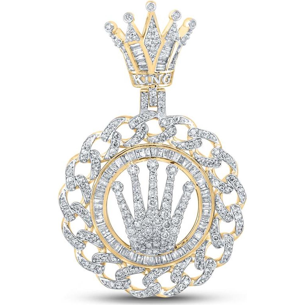 14K Yellow Gold 1 7/8 Carat Diamond Men's Crown Pendant with Baguette and Round Diamonds - 1.83 Carat Total Diamond Weight