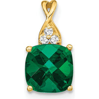 14K Yellow Gold 1.715 Carat Cushion Cut Lab-Created Emerald Pendant with 3 Round Diamonds by Oro Pregiato