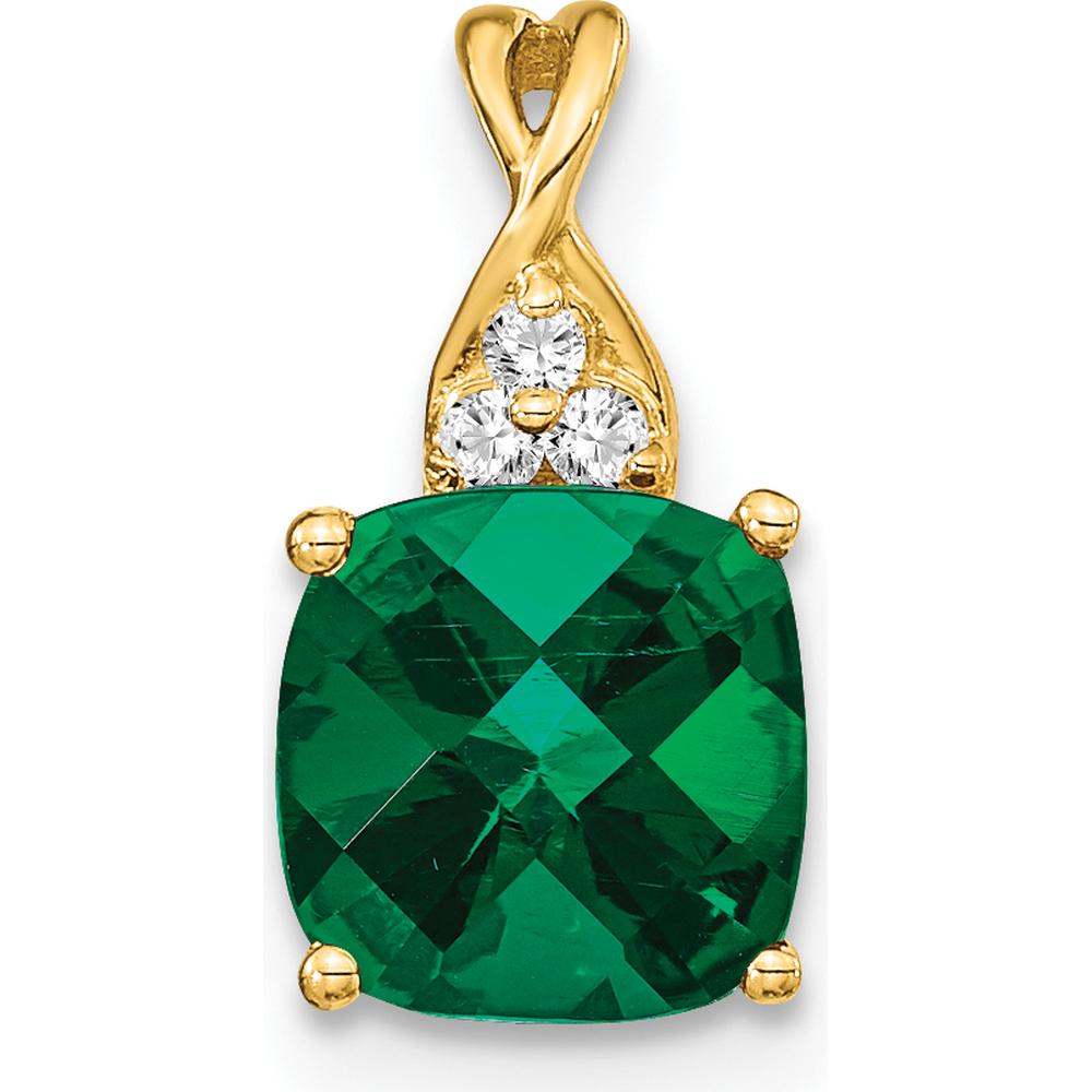 14K Yellow Gold 1.715 Carat Cushion Cut Lab-Created Emerald Pendant with 3 Round Diamonds by Oro Pregiato
