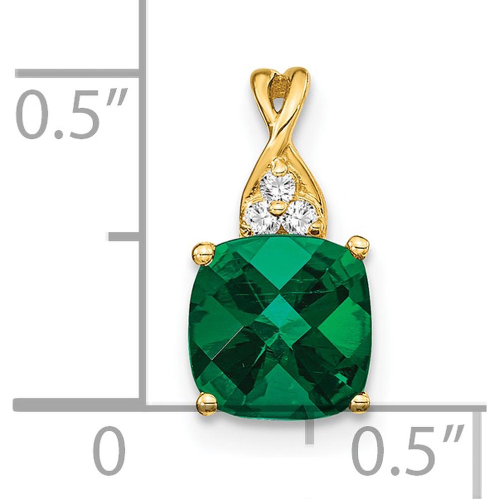 14K Yellow Gold 1.715 Carat Cushion Cut Lab-Created Emerald Pendant with 3 Round Diamonds by Oro Pregiato