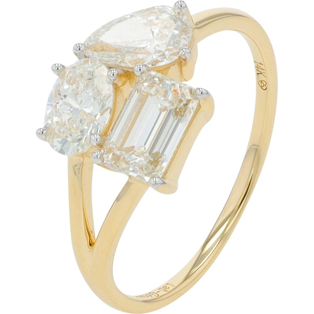 14K Yellow Gold 1.75 Carat Lab Grown Diamond Ring with Pear, Oval, and Emerald Cut Stones
