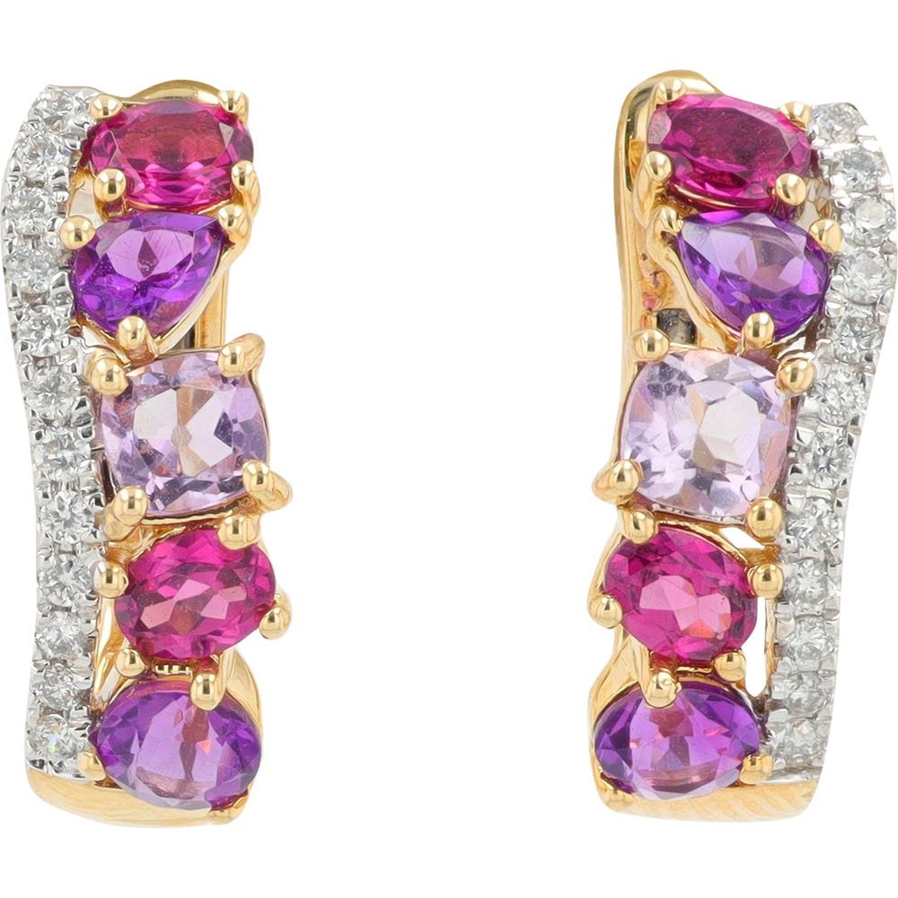14K Yellow Gold 1.80 Carats Rhodolite & Amethyst Cluster Hoops with Diamond Accents