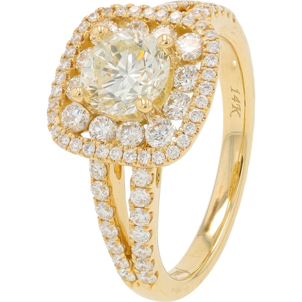 14K Yellow Gold 1.96 Carat Diamond Cluster Engagement Ring - 0.96 Carat Center Diamond