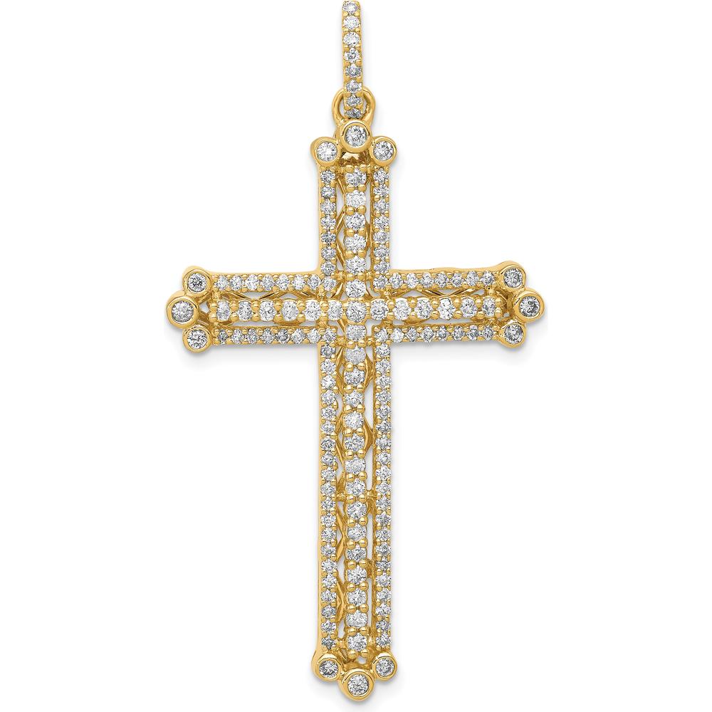 14K Yellow Gold 1 Carat Diamond Budded Cross Pendant with Round Diamonds by Monteluci Fine Jewelry