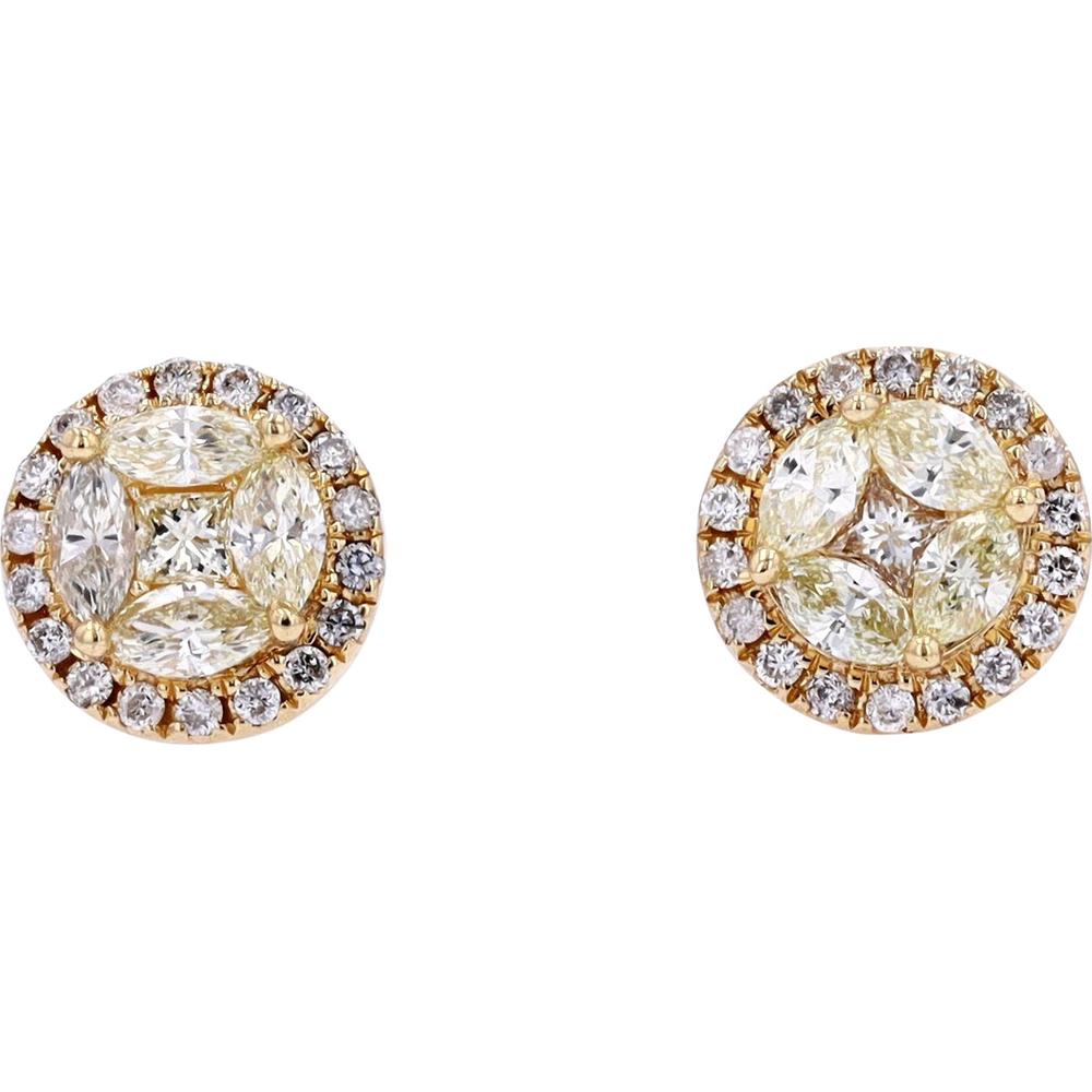 14K Yellow Gold 1 Carat Diamond Cluster Stud Earrings - Halo Setting with Marquise and Round Diamonds