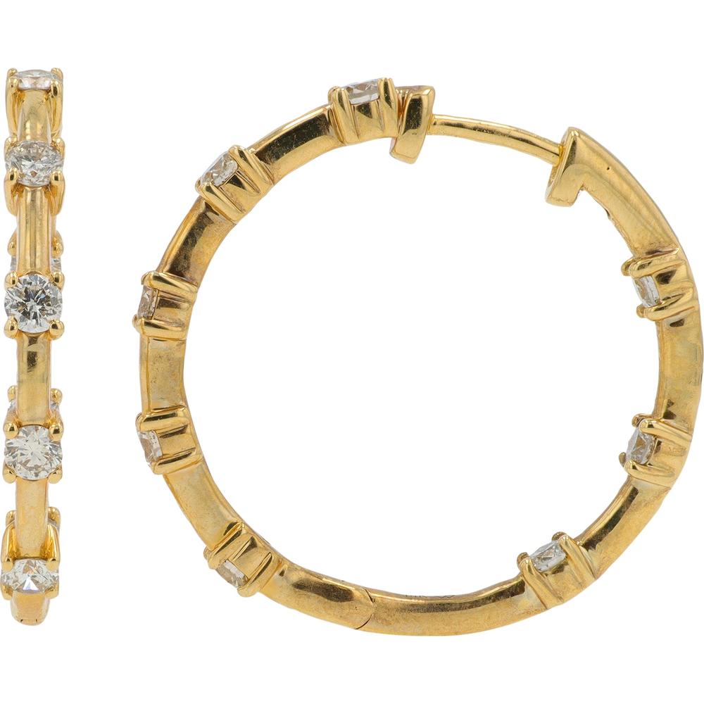 14K Yellow Gold 1 Carat Diamond Inside - Out Hoop Earrings - 0.50 Carat Diamond Per Earring