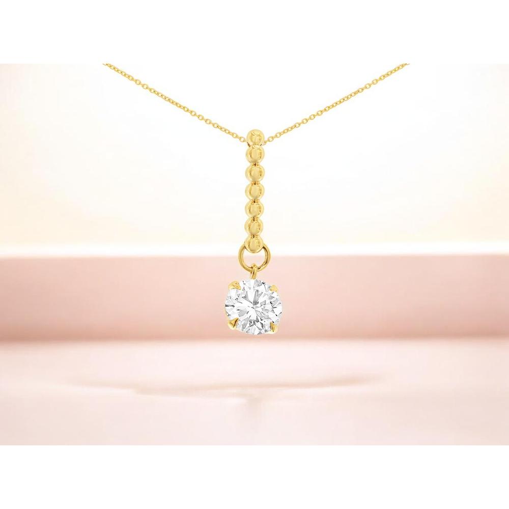 14K Yellow Gold 1 Carat Lab Grown Diamond Solitaire Pendant with Beaded Drop Detail in Round Brilliant Cut - Royal Jewelry