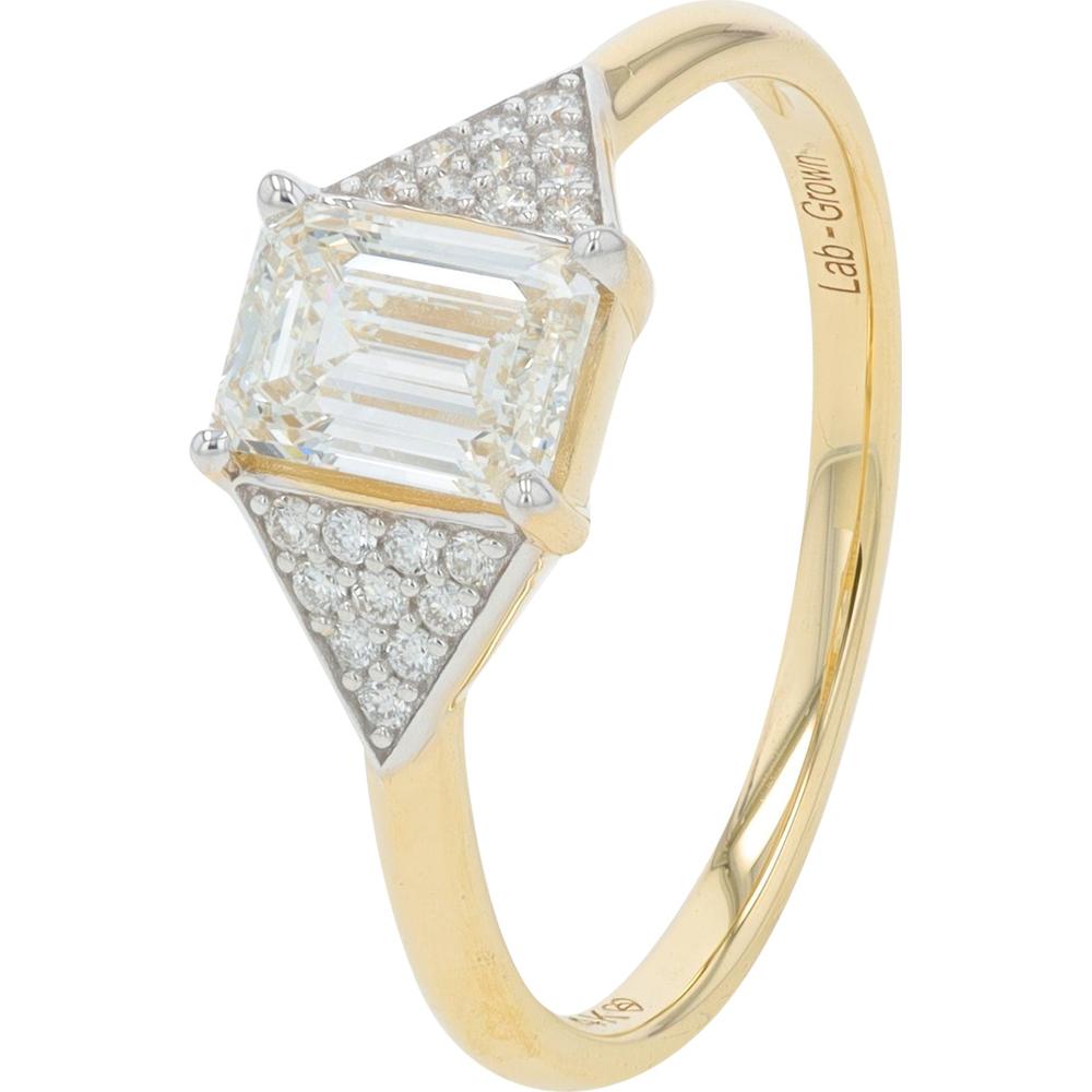 14K Yellow Gold 1 Carat Lab Grown Emerald Cut Diamond Engagement Ring with Pavé Accent Diamonds - 1.50 Carat Total Diamond Weight