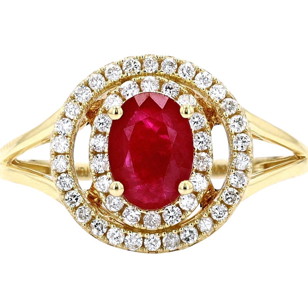 14K Yellow Gold 1 Carat Ruby Double Halo Ring with Split Shank - 0.23 Carat Diamond Total Weight