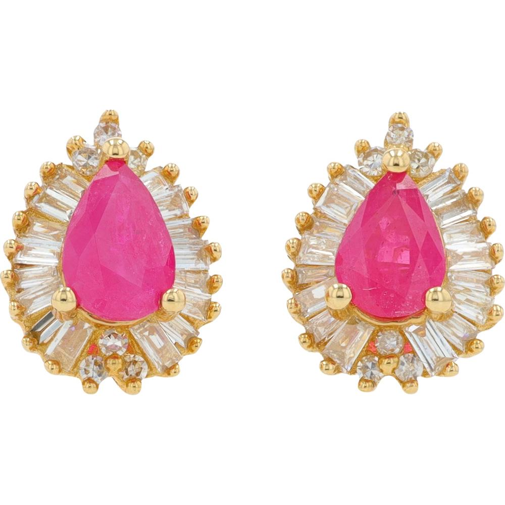 14K Yellow Gold 1 Carat Ruby Stud Earrings with 0.33 Carat Diamond Halo